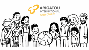 An illustration for Arigatou International's All for Children depicting people from many religions and ethnicities surrounding a globe in friendship.