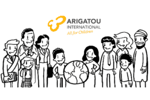 An illustration for Arigatou International's All for Children depicting people from many religions and ethnicities surrounding a globe in friendship.